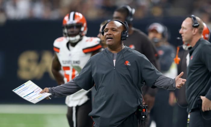 Former Browns head coach Hue Jackson protesting an official's decision during the 2018 season. Jackson was one of the most unsuccessful coaches of all time, going 3-36-1 over 2 1/2 seasons in Cleveland.